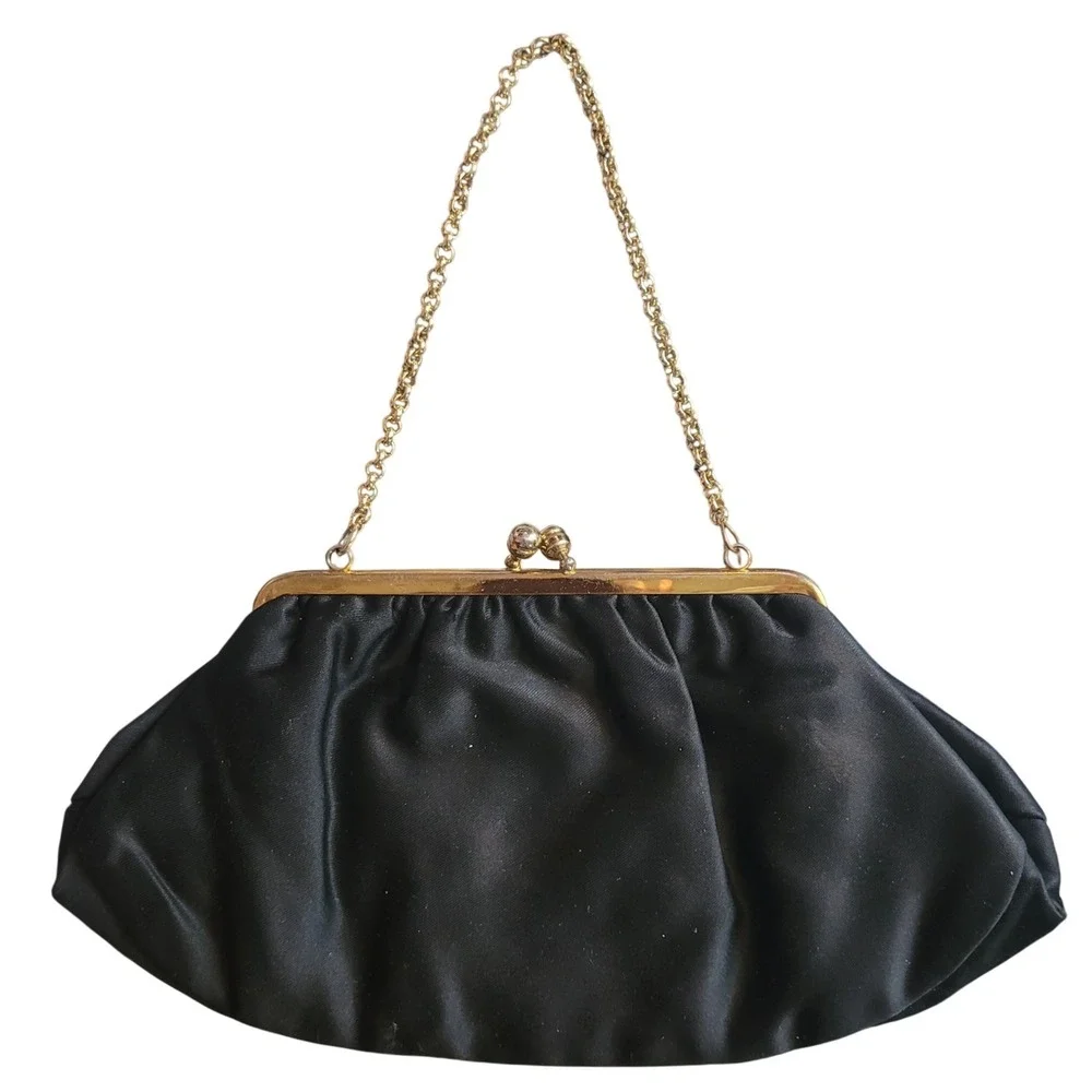 Vintage CFR England Black Satin Evening Clutch Gold Chain Kiss Lock Bag Evening‎